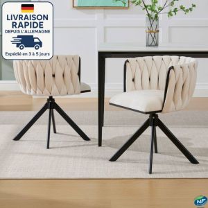 MODFU-Lot de 2 chaises de salle &agrave; manger en velours, fauteuil, pivotant &agrave; 180&deg;, chaise de salon/chambre, pieds en m&eacute;tal noir, beige