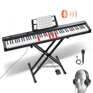 VEVOR Clavier Piano Numérique, 88 Touches Semi-lestées, Ensemble Piano à Clavier Électrique avec Support Réglable, Haut-parleurs Intégrés, Pédale de Sustain, Casque, Bluetooth MIDI USB, pour Débutants