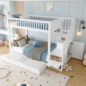 Lit superpos&eacute; enfant en bois 90&times;190/200cm, avec lit gigogne, armoire et escalier de rangement, antichute, sans matelas, blanc