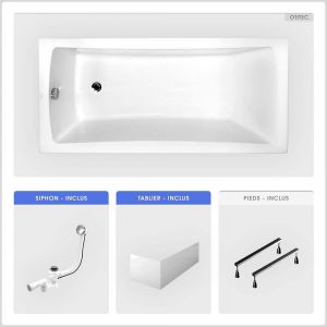 Baignoire rectangulaire - 170 x 70 cm - avec Tablier Blanc - Pieds - Vidage Chrome - OPTIMA