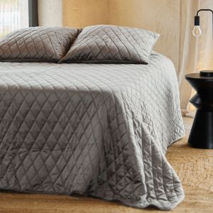 Home maison QABANE - Couvre-Lit et Taies d'oreiller en Velours Matelass&eacute; - Microfibre Polyester - Texture Luxueuse - Rembourrage Ouate - Style Moderne et Chic - 230 x 250 cm - Gris