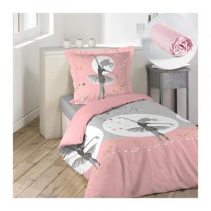 Image de Pack parure de couette enfant 140x200 cm Danseuse &eacute;toile + drap housse 90x190 Rose