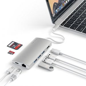 Satechi Adaptateur Multiports V2 avec 4K HDMI (30Hz), Gigabit Ethernet, USB-C Pass-Through Charging, Lecteur de cartes Micro/SD et 3 USB 3.0 Ports pour 2016/2017 MacBook Pro et MacBook (Argent)