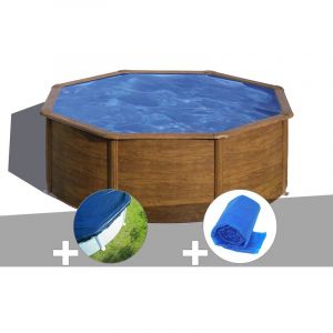 Image de Gre Kit piscine acier aspect bois Sicilia ronde 3,70 x 1,22 m + Bâche hiver + Bâche à bulles