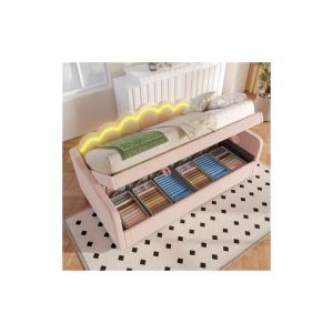 Lit simple rembourr&eacute; 90x200 cm, canap&eacute; lit d'enfant, lit coffre avec &eacute;clairage led et espace de rangement, en velours rose, sans matelas