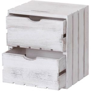Décoshop26 Petit meuble de rangement table de chevet en bois style vintage 2 tiroirs 36x32x26cm blanc