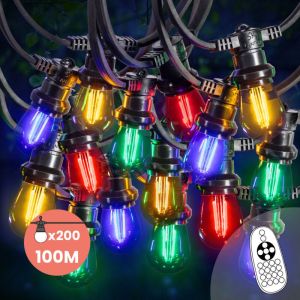 SkyLantern Guirlande Guinguette 100M 200 Bulbes Filament Rouge Bleu Jaune Vert avec Variateur de Luminosité et Télécommande - Guirlande Lumineuse Ampoule E27