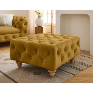 Walter - pouf chesterfield en velours - pieds bois - Jaune