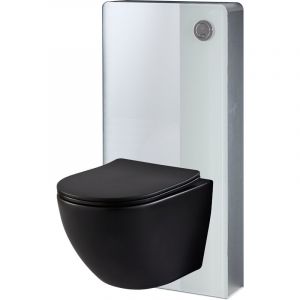 Pack WC suspendu gain de place bâti mural verre blanc + cuvette sans bride noir mat corolla