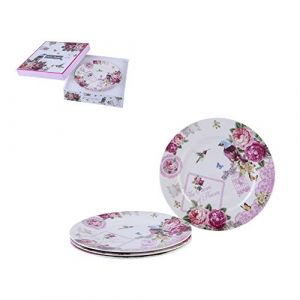 London Boutique Lot de 4 assiettes &agrave; g&acirc;teau en porcelaine fine &agrave; bords larges Style shabby chic Motif papillon rose, 7.5 inch