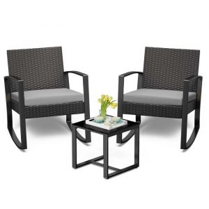 Bealife Salon De Jardin de 3 Pièces Conversation À Bascule Chaises de Patio en Rotin Pour Balcon Jardin Cour Piscine Gris