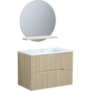 Meuble sous vasque mural AUCUNE GROOVE 80 cm ch&ecirc;ne clair avec vasque c&eacute;ramique et miroir