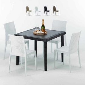 Grand Soleil Table carr&eacute;e et 4 chaises Poly rotin resine bar bistrot caf&egrave; exterieur 90x90 noir | Bistrot Blanc