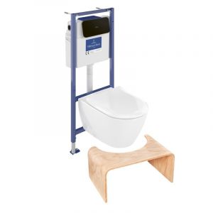 Villeroy & Boch Pack WC sans bride Subway 2.0 abattant frein de chute + bâti-support sol et mur+ plaque noir mat +Tabouret bois