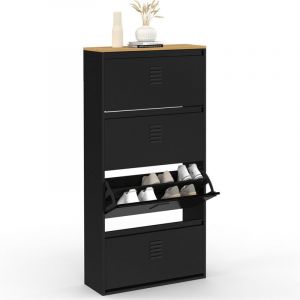 Idmarket Meuble à chaussures 24 paires maxi capacité ester 4 portes métal noir et plateau bois design industriel