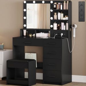 Coiffeuse avec 10 Globes Lumineux LED 3 Couleurs Coiffeuse avec Prise Et Grand MiroirTabouret Et Support pour S&egrave;che-CheveuxNoir
