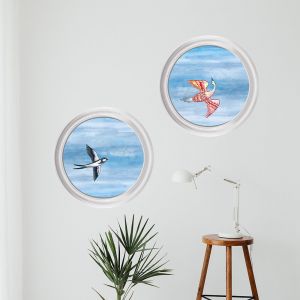 Plage Grand D&eacute;cor Panoramique D&eacute;coup&eacute;, Boiserie oeil de boeuf ciel et oiseaux II, 166cm X 81cm