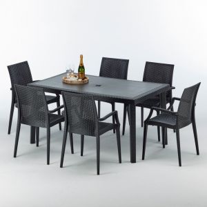Grand Soleil Table rectangulaire et 6 chaises Poly rotin colorées 150x90 noir | Bistrot Arm Anthracite noir
