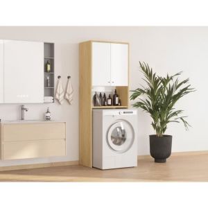 Vente-unique - Meuble pour machine &agrave; laver avec double portes - L65 x H180 cm - Blanc et naturel clair - worika
