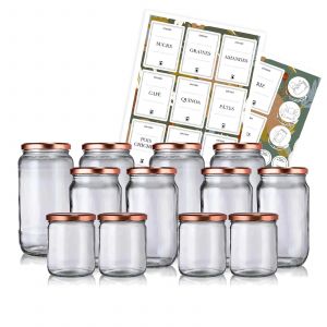 12 bocaux en verre recyclé couvercles cuivre avec étiquettes