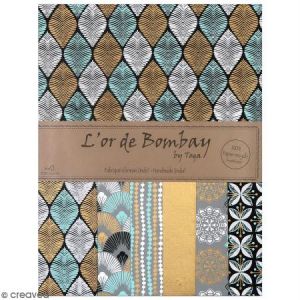 Toga Lot de 6 feuilles - L'or de Bombay - 27,8 x 21,2 cm - bleu, gris, blanc, noir et or