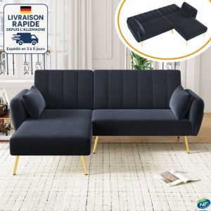 MODFU - Canap&eacute; convertible 3 places avec dossier r&eacute;glable 3 positions, canap&eacute; d'angle en L, convient pour le salon/chambre, velours, noir