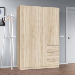 Vestiaire Ddermak, Armoire de chambre à 3 portes et 3 tiroirs, Armoire avec 3 étagères et barre de cintre, 135x52h200 cm, Chêne - Dmora