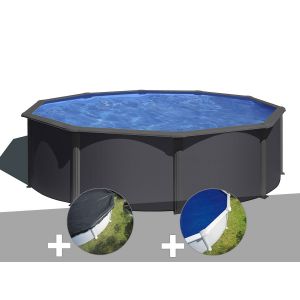 Gre Kit piscine acier gris anthracite Louko ronde 4,80 x 1,22 m + Bâche d'hivernage + Bâche à bulles