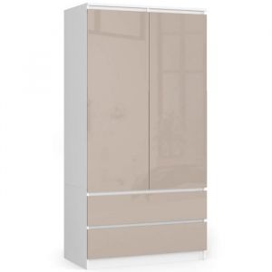 Armoire Akord S90 Blanche 90 cm 2 portes 2 tiroirs façade Cappuccino Brillant 4 étagères 90x51x180 cm