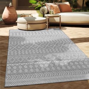 Paco Home Tapis Intérieur & Extérieur Balcon Terrasse Cuisine Motif Ethnique Boho Moderne 200 cm carré, Gris 3