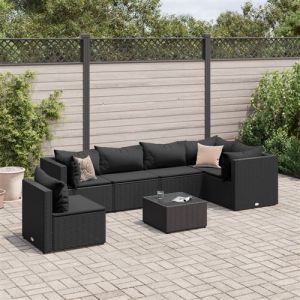 VidaXL Salon de jardin 7 pcs avec coussins Noir Résine tressée, ensemble de canapés d'extérieur, canapé d'angle de jardin, salon de jardin d'angle