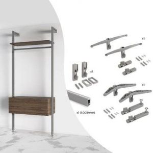 Emuca Kit de fixation pour 1 &eacute;tag&egrave;re en bois, 1 module et 1 tringle de suspension de 1 m, Zamak, peint en gris pierre - Peint gris pierre