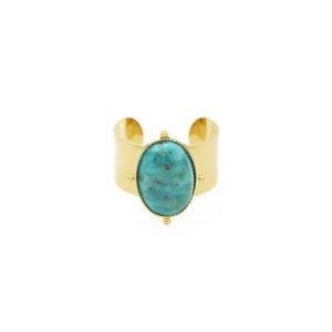 Bague ajustable dorée à l'or fin 24K avec une pierre naturelle Turquoise NEW CALYPSO