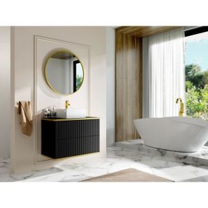 Meuble de salle de bain suspendu strié liseré doré avec vasque à poser - Noir - 80 cm - KELIZA