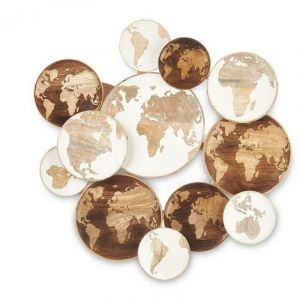 Décoration murale Blanc Marron Bois de manguier Mappemonde 76 x 70 x 5 cm