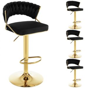 Lot de 4 Tabourets de Bar en Velours et Métal Woltu Tabouret Pivotant avec Dossier Tissé et Repose-Pieds, Hauteur Réglable, Noir