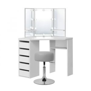 Ml-design - Coiffeuse Table de Maquillage Blanc 110x141,5x54 cm avec 3 Miroirs Lumineaux et Tabouret Gris Clair, Guirlandes led, 5 Tiroirs, 3