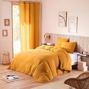 Coton Pur - Pack Housse de couette + Drap housse + 2 Taies d'oreiller en Gaze de Coton curry - pour lit 140x190 cm