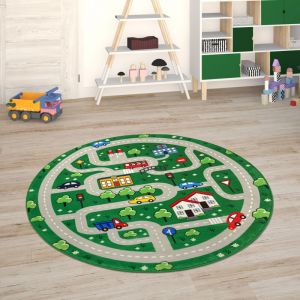 Image de Paco Home - Tapis Chambre Enfant Tapis De Jeux Tapis B&eacute;b&eacute; Tapis Enfant Route Tapis De Jeux Vert, 120 cm rond