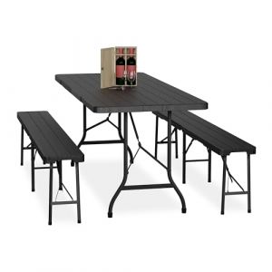 Relaxdays Ensemble Table Pliante et 2 bancs, pour Jardin, pavillon ou Camping, Effet Bois, 180 cm, Noir