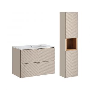 Ensemble meuble simple vasque encastrée 80cm et colonne Manoa Cachemire et bois