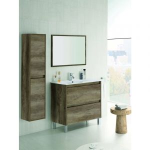Dmora - Meuble de comptoir Djuwar, Meuble suspendu à 2 tiroirs, Meuble de salle de bain avec miroir, Lavabo non inclus, 80x45h80 cm, Chêne