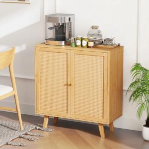 Buffet De Cuisine En Bambou Costway, Portes En Rotin Pe, Meuble Armoire De Bar À Café Compact Pour Salon Salle À Manger, Naturel