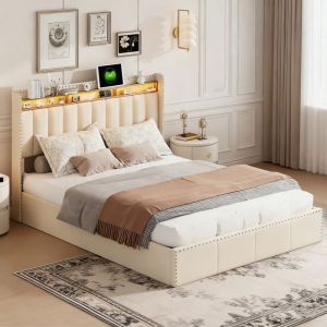 Lit coffre 140x190 velours blanc cass&eacute; POCKETPOP - t&ecirc;te LED int&eacute;gr&eacute;e & USB, sommier &agrave; lattes