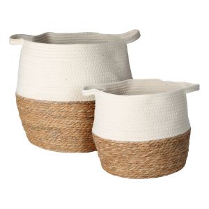 Lot de 2 paniers suspendus en paille et coton blanc et marron