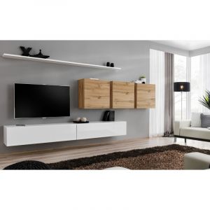 Image de Meuble TV Mural Design " VII" 340cm Blanc & Naturel Prix