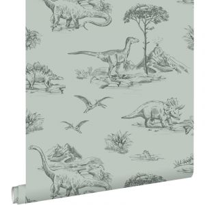 Papier peint dinosaures vert de la mer grisé - 0,53 x 10,05 m - ESTAHOME - Animaux - A coller - Mat