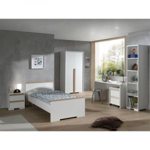 Vipack Furniture Lit 90x200 - Chevet 2 tiroirs - Armoire 2 portes - Bureau - Caisson de bureau et Bibliothèque London - Blanc