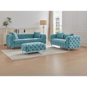 Canapé 3 places, 2 places et pouf chesterfield en velours bleu pastel EDWINA