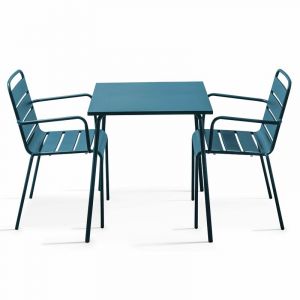 Oviala Table de jardin carrée et 2 fauteuils empilables en acier thermolaqué Palavas - Bleu Pacific - Bleu